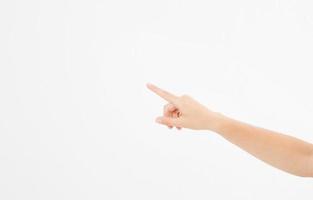 finger point isolated white background. caucasian hand. Mock up. Copy space. Template. Blank. photo