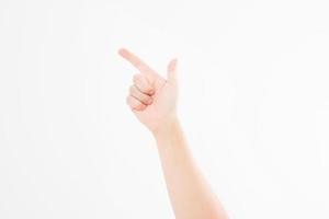 finger point isolated white background. caucasian hand. Mock up. Copy space. Template. Blank. photo