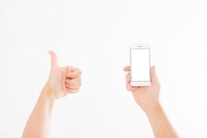 Hand holding white phone isolated on white and shows the likes. Top view.Mock up.Copy space.Template.Blank. photo