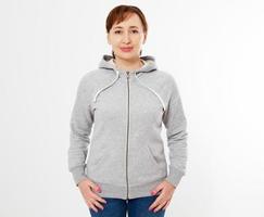 pretty woman in gray pullover hoodie mockup photo