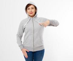 smile pointed woman in gray pullover hoodie mockup photo