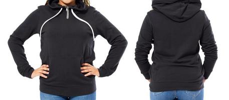 Front back and rear black sweatshirt view. Woman show on template clothes for print and copy space isolated on white background, Mock up, Cropped image. photo