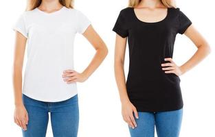 cropped image front view woman in white and black t-shirt isolated, set t shirt photo