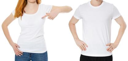 T-shirt design, people concept - closeup of young girl and man guy in blank white shirt, front isolated. Mock up template for design print tshirt. photo