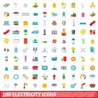 100 iconos de electricidad, estilo de dibujos animados vector