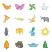 Origami icons set, cartoon style vector