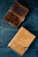 leather handmade notebooks organizer on dark wooden background photo