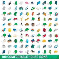 100 cómodos iconos de casa, estilo isométrico vector