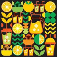 Simple flat illustration of abstract shapes of citrus fruits, lemons, lemonade, limes, leaves and other geometric symbols. Fresh orange juice ice drink icon with glass, jug, straw and plastic cup. vector