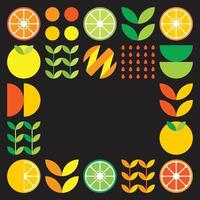 Minimalist flat vector frame in citrus fruit symbol. Simple geometric illustration of oranges, lemons, lemonade and leaves. Abstract orange design on black background. Good for posters or banners.