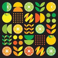 ilustraciones abstractas del icono del símbolo de la fruta naranja. arte vectorial simple, ilustración geométrica de cítricos coloridos, limones, limonada, limas y hojas. diseño plano cítrico minimalista sobre fondo negro. vector