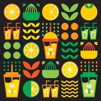 Simple flat illustration of abstract shapes of citrus fruits, lemons, grapefruit, lemonade, limes, leaves and other geometric symbols. Fresh juice ice drink icon in glass, and plastic cup with straw. vector