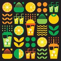 Simple flat illustration of abstract shapes of citrus fruits, lemons, grapefruit, lemonade, limes, leaves and other geometric symbols. Fresh juice ice drink icon in glass, and plastic cup with straw. vector