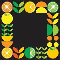 Minimalist flat vector frame in citrus fruit symbol. Simple geometric illustration of oranges, lemons, lemonade and leaves. Abstract orange design on black background. Good for posters or banners.