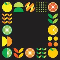Minimalist flat vector frame in citrus fruit symbol. Simple geometric illustration of oranges, lemons, lemonade and leaves. Abstract orange design on black background. Good for posters or banners.