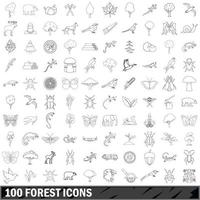 100 iconos de bosque, estilo de esquema vector