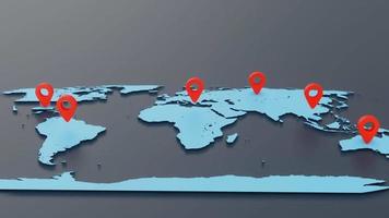 Seamless looping location pin symbol bounces up and bounces down on world map background. Sign and symbol concept. Full HD footage video
