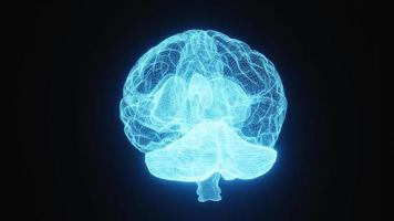 Seamless looping glowing X-ray image of human brain motion rotating 360 degrees angle in blue wireframe on isolated black background. Science and medical concept. Full HD footage video motion graphic