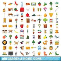 100 garden and home icons set, cartoon style vector