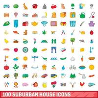 100 iconos de casa suburbana, estilo de dibujos animados vector