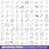 100 voyage icons set, outline style vector