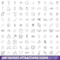 100 tourist attractions icons set, outline style vector