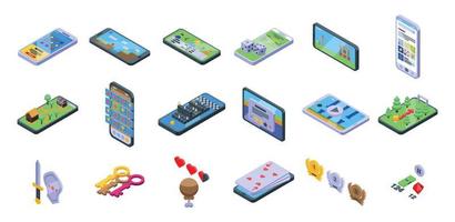 Gameplay icons set isometric vector. Competition computer