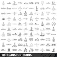 100 transport icons set, outline style vector