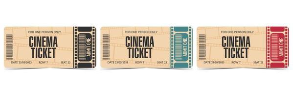 Set of cinema tickets with barcode and rounded corners, cinematographic film strip on beige background. Vector illustration in flat style of movie session access flyer or coupon.