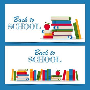 Back to school horizontal banner design with stack of colourful books and red apple on white background. vector