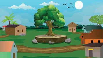 Beautiful village cartoon background of green meadows and surrounded by trees and mountains. vector