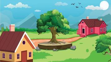 Beautiful village cartoon background of green meadows and surrounded by trees and mountains. vector