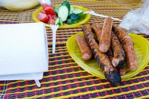 grilled sausages and fresh vegetables on a picnic. photo