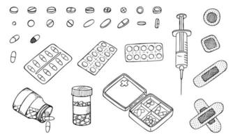 Vector sketch set of pills blister package, syringe and band aid isolated on white background. Hand drawn pills icon. Doodle medical illustration. For print, web, design, decor, logo.