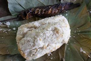 white rice and a grilled catfish on a green leaf, a simple meal in the forest photo