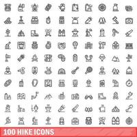 100 hike icons set, outline style vector