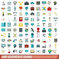100 scientific icons set, flat style vector