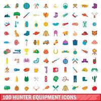 100 hunter equipment icons set, cartoon style