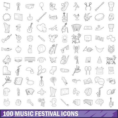 100 music festival icons set, outline style