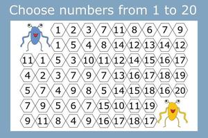 Counting maze for kids. A fun game, a mathematical puzzle with the selection of numbers from 1 to 20 in the correct order vector