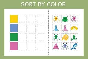 Connect the name of the color and the character of the monster. Logic game for children. vector