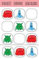 worksheet vector design, the task is to cut and glue a piece on colorful  monsters.  Logic game for children.