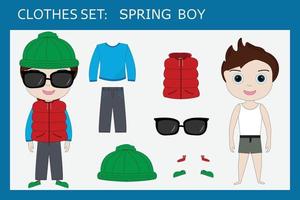 un conjunto de ropa para un niño alegre para suéter de primavera, pantalones, chaleco, sombrero, zapatillas, gafas de sol. traje para un niño en la primavera vector