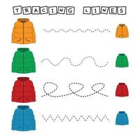 Trace line worksheet with  felt coat  for kids, practicing fine motor skills.  Educational game for preschool children. vector