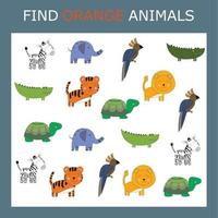 Educational activity for kids, find the orange animal among the colorful ones. Logic game for children. vector