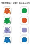 Developing activity for children  match the  monsters by  color. Logic game for children. vector