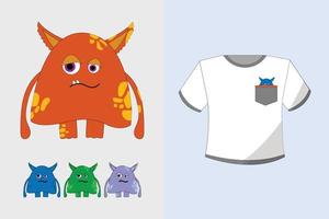 Bright white T shirt with a pocket and a monster print in various colors on a plain background vector