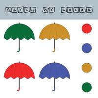 Connect the name of the color and the character of the umbrella. Logic game for children. vector