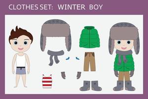 A set of clothes for a little cheerful boy for winter T-shirt, pants, jacket, hat, scarf, mittens, boots, sweater. Outfit for a child for the winter vector