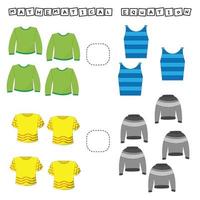 Desarrollo de actividades para niños, compare cuál más suéter, camiseta, manga larga. juego de lógica para niños, desigualdades matemáticas. vector